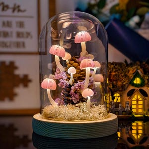 Pink LED Mushroom Terrarium Light with Pinecone | Kawaii Glass Dome Fairy Lamp, Whimsical Handmade Night Light | Cute Cottagecore Gift Decor