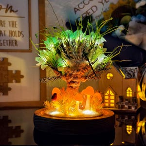 Orange Mushroom Lamp with Dragonfly and Ladybug – Glass Dome LED Night Light, Enchanted Forest Decor, Handmade Woodland Gift