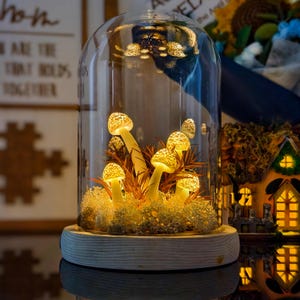 Glowing Mushroom Night Light with Wooden Base – Handmade Fairy Forest Lamp, LED Toadstool Decor for Cozy Room & Cottagecore Gift