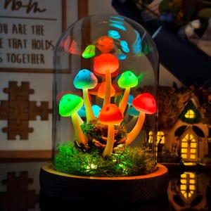 Magical Mushroom Lamp in Glass Dome – Colorful LED Fairy Light Decor – Handmade Glowing Night Light for Bedroom, Gift for Her