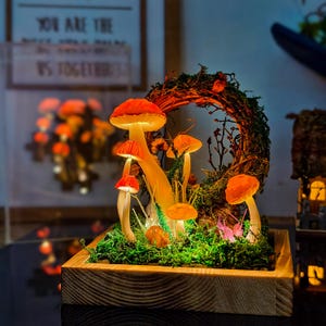 Fairy Garden LED Mushroom Acrylic Container, Handmade Glowing Resin Mushrooms with Moss Garland, Magical Night Light Decoration