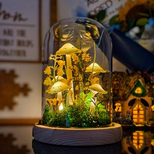 Green LED Mushroom Terrarium Night Light in Glass Dome | Handmade Fairy Home Decor with Dried Moss and Flowers | Unique Boho Gift for Her
