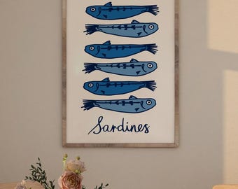 Sardinen Print Sardinendose Vintage Poster Retro Sardine Wandkunst Fisch Print Eklektische Wandkunst Bunte Küchenkunst Trendige Wandkunst
