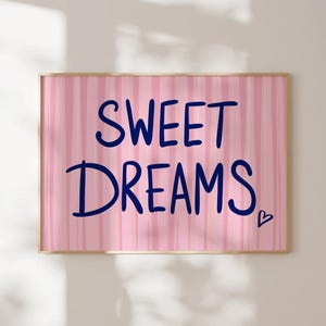 Sweet Dreams Above Bed Art Cute Bedroom Art Hand Drawn Sleep Poster Pink Stripes Trendy Printable Bedroom Decor Aesthetic Coquette Decor