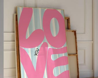 Love You Cute Quote Print Wall Art Uplifting Quote Art Print Light Blue Stripes Trendy Pink Aesthetic Wall Art Costal Vibe Girly Bedroom