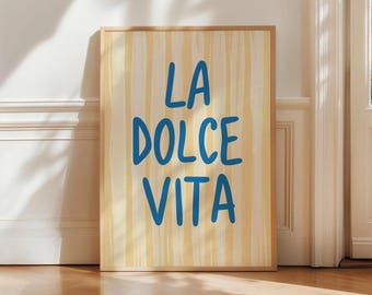 La Dolce Vita Italian Quote Poster Kitchen Art Print Yellow Stripes Art Trendy Aesthetic Wall Art Costal Vibe Colorful Typography