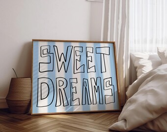 Impression d'art beaux rêves au-dessus du lit art mural horizontal dortoir chambre ados girly affiche esthétique bleu clair art mural dessiné à la main
