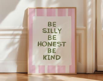 Sé tonto, sé honesto, sé amable. Estampado bonito. Decoración de habitación infantil estilo preppy. Póster con cita vintage. Decoración de aula bohemia. Sala de juegos. Guardería vintage. SIN MARCO.