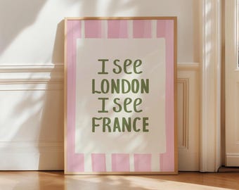 Divertida lámina para baño "Veo Londres, veo Francia" Póster Decoración de baño original Lámina escrita a mano Bonito arte de pared rosa para baño Decoración de inodoro
