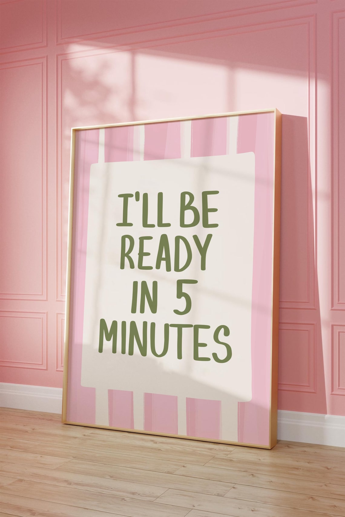 View of I'll Be Ready in 5 Minutes Print Sage Boho Green Bathroom Print Trendy ...