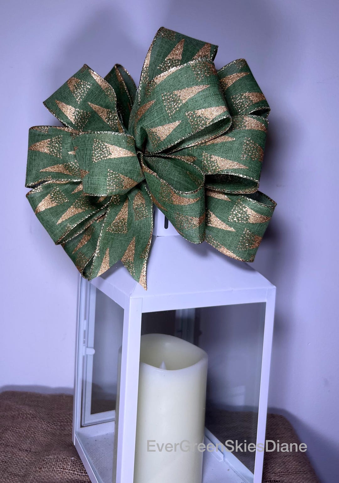 Christmas Tree Topper Bow, Green Ribbon With Gold Trees - Etsy