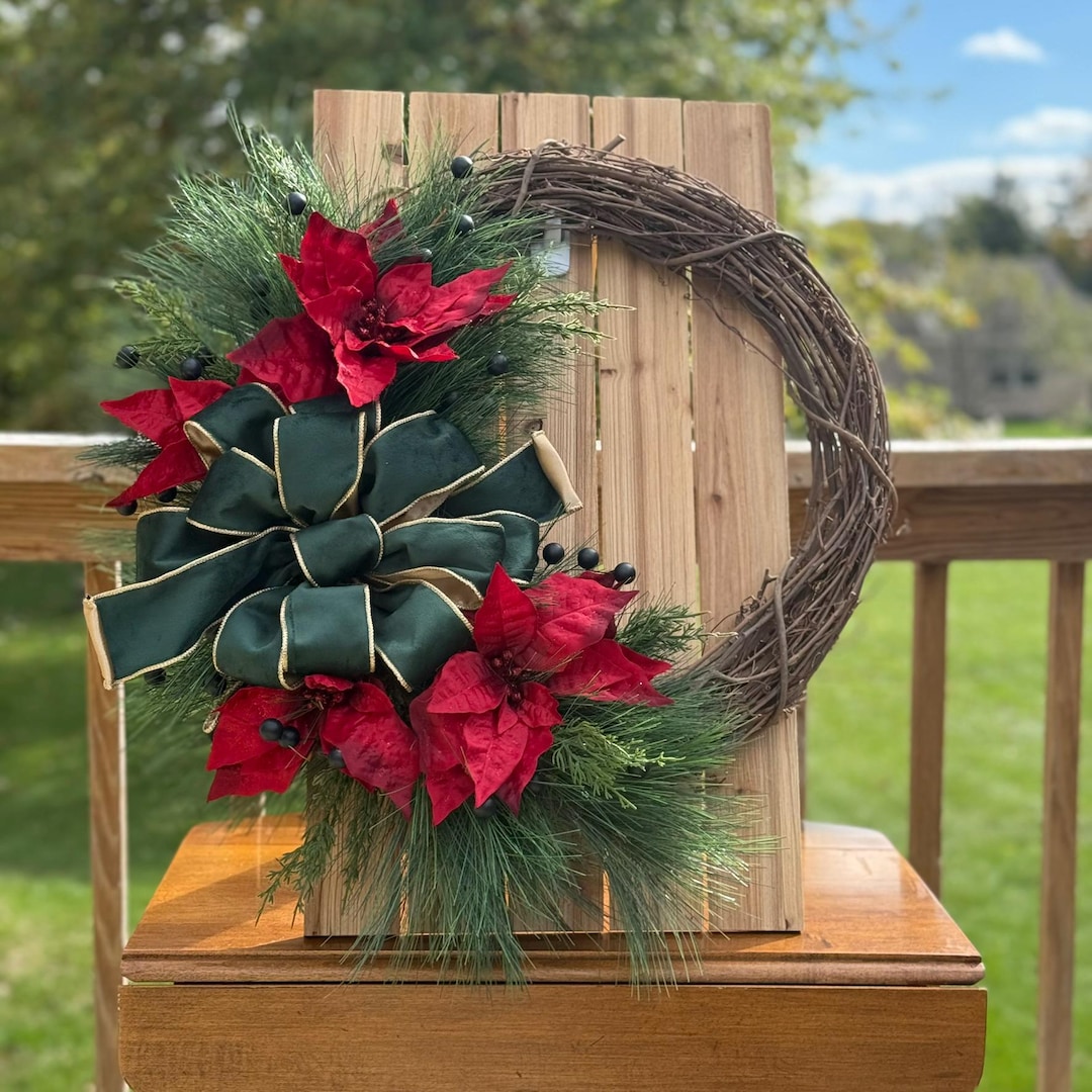 Handmade Christmas Grapevine Wreath – Red Poinsettias & Green Velvet ...