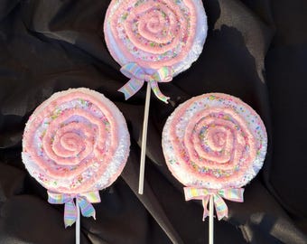 Set of 3 Pastel Candy Lollipop Picks, Faux Peppermint Swirl Décor for Wreaths, Trees, Centerpieces & Candyland Crafts - Lollipop Series