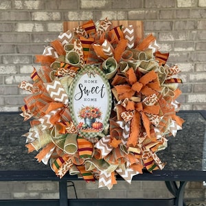 Fall Deco Mesh Wreath - Home Sweet Home Wreath for Front Door - Autumn Ribbon Wreath - Large Handmade Fall Door Decor