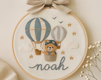 Hand-Embroidered Baby Name Hoop: Hot Air Balloon Nursery Decor