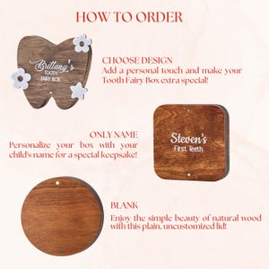 May include: Wooden tooth fairy boxes in different shapes: a tooth, a square, and a circle. The tooth-shaped box is inscribed with "Brittany's Tooth Fairy Box." The square box is labelled "Steven's First Teeth."