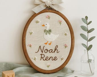 Custom Baby Name Hoop with Goose Embroidery: Handmade Nursery Wall Decor