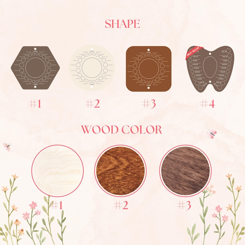 May include: Image displaying wooden shape and colour options. Shapes include a hexagon, circle, square, and tooth. Wood colour options are light, medium, and dark. Text on the image reads "SHAPE" and "WOOD COLOUR".