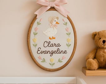 Hand Embroidered Baby Name Hoop: Goose & Flowers Nursery Decor