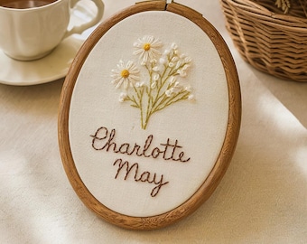 Embroidered Baby Name Sign With Flowers: Nursery Decor, Personalized Birth Announcement