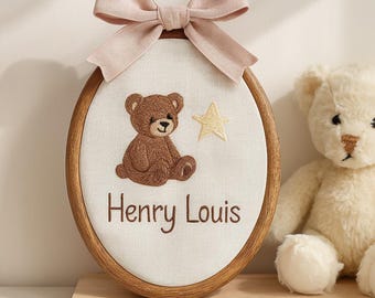 Custom Baby Name Embroidery Hoop: Hand-Stitched Baby Bear Nursery Decor