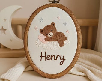 Hand-Embroidered Bear Baby Name Hoop: Nursery Decor Gift