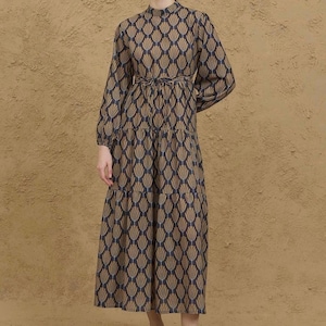 Boho Green Tiered Maxi Dress – Ethnic Print Long Sleeve Dress – Vintage Style Cotton Gown