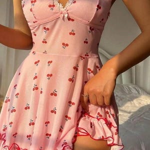 Cherry Print Pajama Dress: Pink Cotton Knit Sleepwear