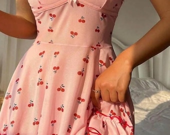 Cherry Print Pajama Dress: Pink Cotton Knit Sleepwear