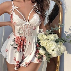 White with Peach Floral Print Romper Nightgown with Ribbon, Lace, and Cord Details