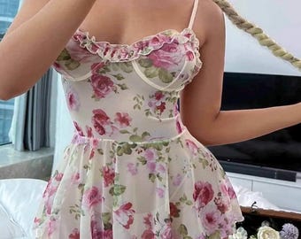 Floral Mini Babydoll Nightgown (Including Plus Size Option) Special Design