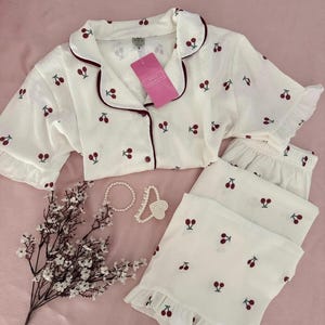 Cherry Print Pajama Set Ruffle Trim Crinkle Loungewear