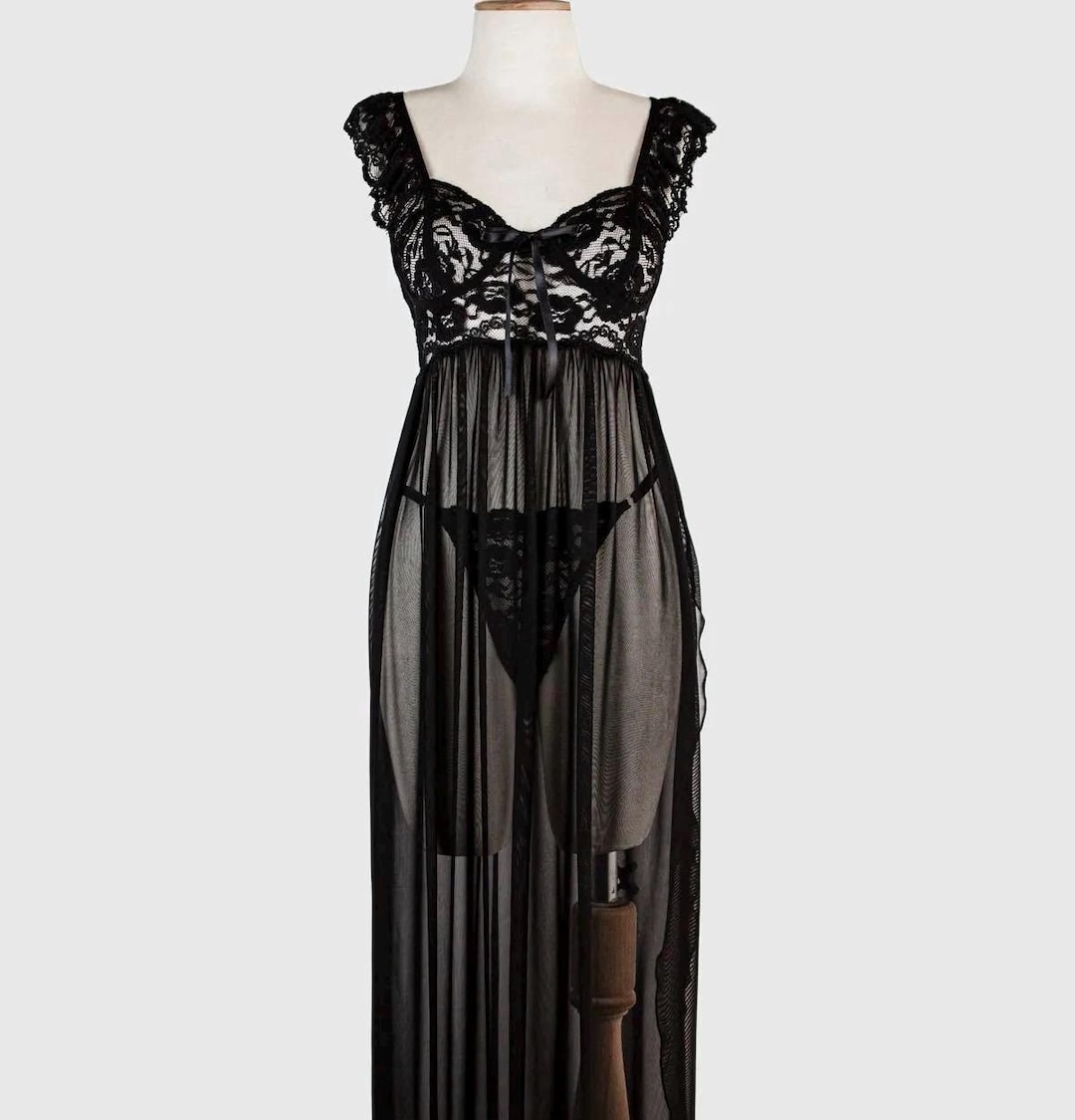 Black Sexy Sheer Lace Nightgown Set - Tempting Lingerie Uniform for Women