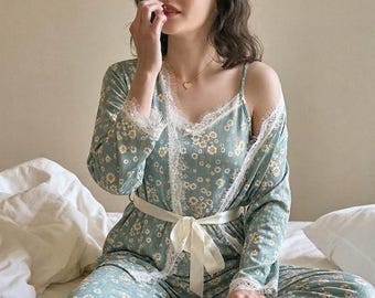 Conjunto de pijama de 3 piezas con estampado floral de margaritas, color verde, estilo vintage, para mujer.