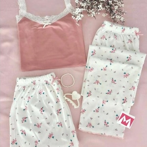 Floral Cotton Pajama Set – 3 Piece Romantic Sleepwear, Soft Loungewear Shorts & Sleeveless Top, Cozy Home Outfit