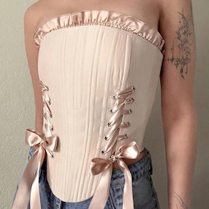 Victorian Satin Corset Top – Vintage Bustier with Boning – Off Shoulder Lace-Up Bodice