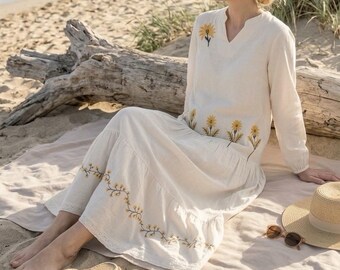 Cream Cotton Gauze Maxi Dress Embroidered Floral Long Sleeve Cottagecore Boho Style