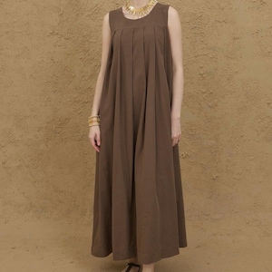 Retro boho geplooide maxi-jurk bruine linnenmix vintage maxi-jurk
