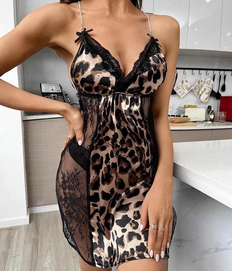 Leopard Print Satin Nightgown: Beaded Straps, Lace Trim