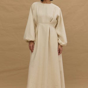 Beige Maxi Dress: Renaissance Style Balloon Sleeve Gown