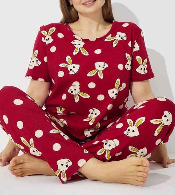 Plus Size Red Rabbit Print Pajama Set