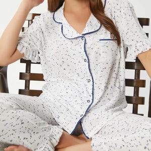 Blue Floral Pajama Set Women Viscose Ruffle Loungewear