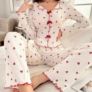 Cherry Print Cotton Pajama Set: Ruffle Trim Lounge Wear