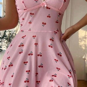 Cherry Print Knit Pajama Dress Pink Cotton Sleepwear