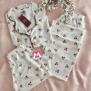 Cherry Print Cotton Pajama Set Shirt Long Pants Shorts
