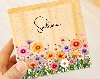 Personalized Birth Flower Piggy Bank For Baby Girl,Wooden Money Box with Name,Easter Gift for Kid,Wildflower Coin Bank,Birthday Gift For Her