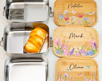 Personalisierte Blumen Lunchbox mit Holzdeckel, Benutzerdefinierte Name Edelstahl Lunch Box, Geburtstagsgeschenk für sie, Kinder Snack Box, Schulanfang