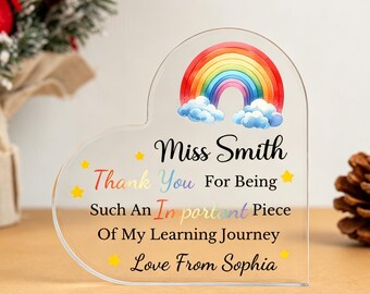 Regalo personalizado de agradecimiento para profesores, placa acrílica con forma de corazón arcoíris, regalo de agradecimiento para profesores, recuerdo con el nombre del profesor, regalos de fin de curso para profesores