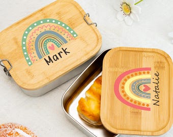 Benutzerdefinierte Name Lunchbox mit Regenbogen, Geschenk für Schulanfang, tragbare Obstkiste, Kindergarten Lunchbox, Kinder Snackbox, Edelstahl Lunchbox