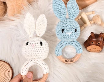 Personalisierte häkeln Babyrassel Spielzeug für Mädchen und Jungen, Tier häkeln Babyrassel, Baby-Dusche-Geschenk, Baby-Rasseln Greifspielzeug, Neugeborenen Geschenk